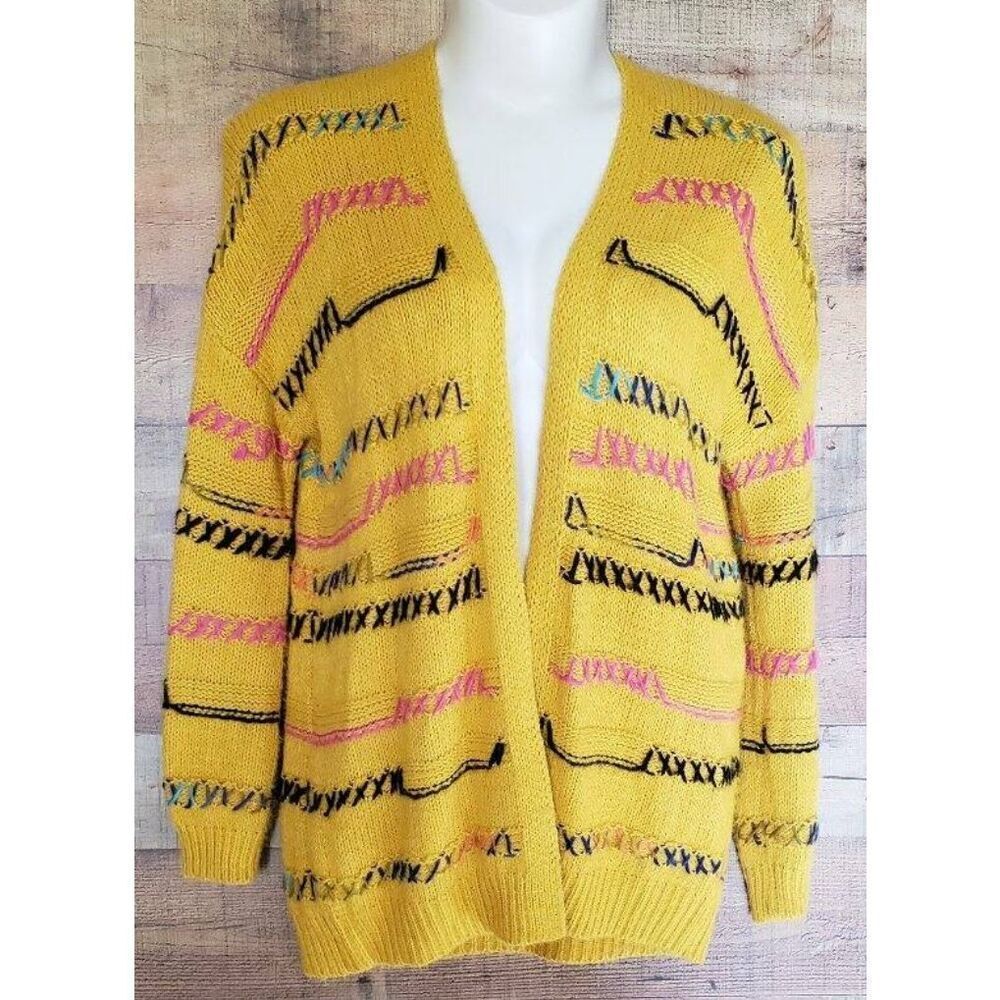 Easel Los Angeles Mustard Yellow Chunky Knit Cardigan Boho Embroidered Size S
